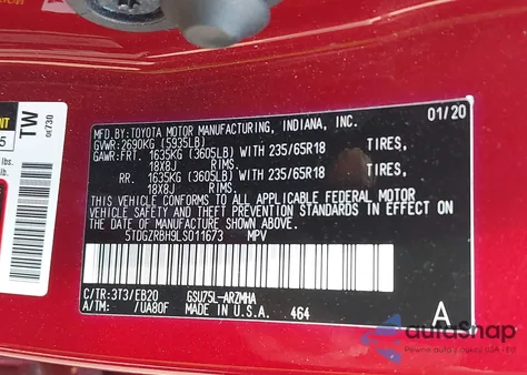 2020 Toyota Highlander Xle z USA, uszkodzony, nr VIN 5TDGZRBH9LS011673